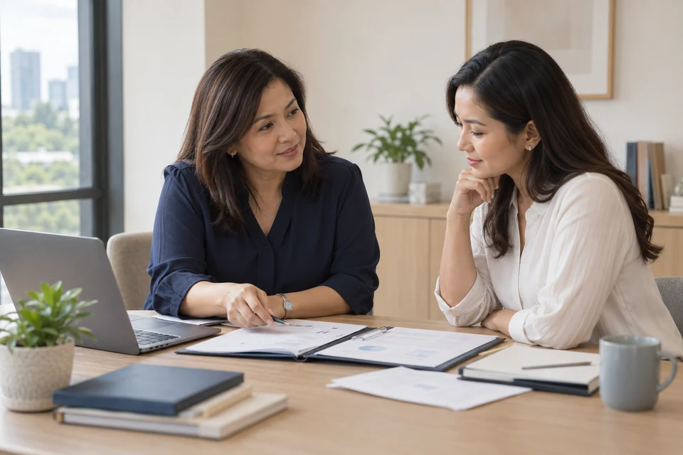 Illustrative scene of two women discussing documents at a desk beside a laptop.
