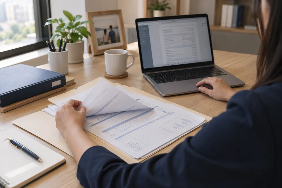 Illustrative scene of paper records being reviewed beside a laptop for tax preparation.